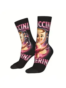 BIIHUDU Brain Rot Ballerina Socks - Vibrant Pink & Black Cappuccino Design with Dancing Ballerina, Polyester Blend, Fun & Uni, Dance Socks