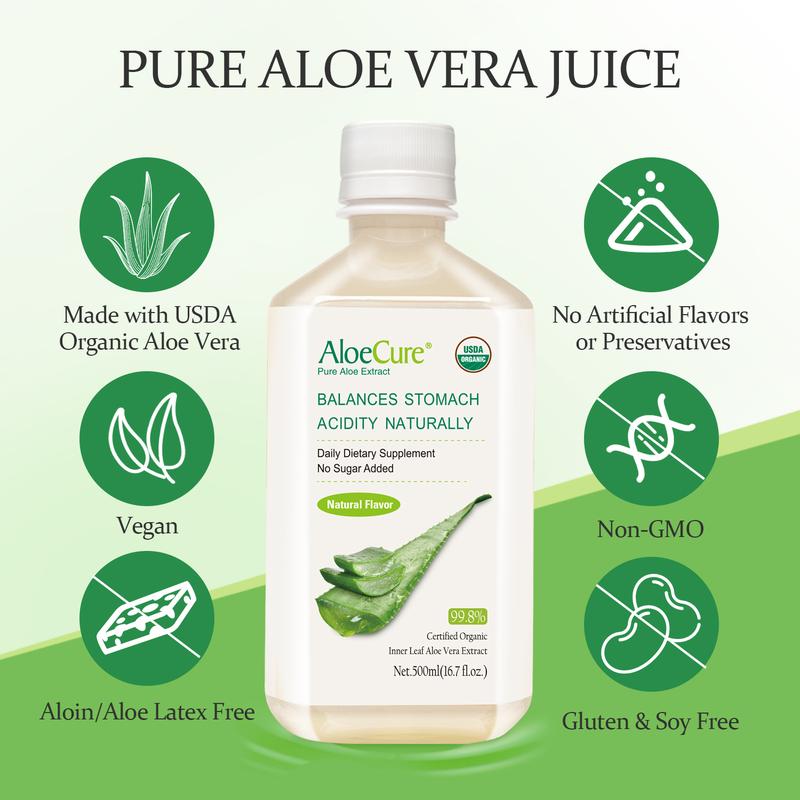 AloeCure USDA Organic Aloe Vera Juice Made Within 12 Hours of Harvest to Capture Maximum Bioactity, Supporting Optimal Digestion, the Immune System and Balanced Stomach Acidity, 500ml Bottle