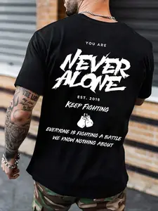 Men's Never Alone Keep Fighting Letter Print Boxer Short-sleeve T-shirt, Loose Casual Figure Print Graphic Tee, Men's Summer Top for Daily Wear, Gym Tees