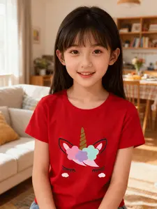 Girls' Summer Unicorn Print Short Sleeve T-Shirt, Spiral Horn Design, Mint Floral Decor, Casual Loose Fit