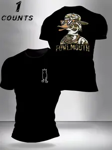 Fowlmouth Camouflage Duck Print T-Shirt, Fun Hunting Style Streetwear, Casual Short Sleeve Top, Slim-Fitting, All Season