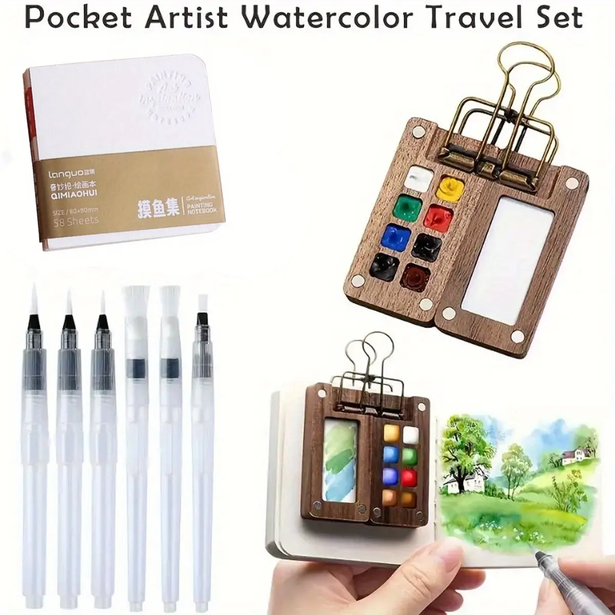 Mini Walnut Watercolor Palette Kit, 9pcs Portable Travel Art Set, Includes Brushes, Clip & Sketchbook, Ideal for Painting, Travel Painting Supplies, Artist Supplies