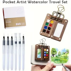 Portable Travel Watercolor Palette Set - Art Materials 9pcs Mini Walnut Magnetic Box with 6 Brushes, Clip & Sketchbook (8/15 Grid) for Pocket Artists