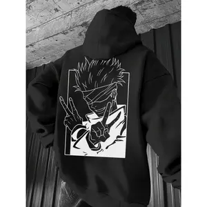 Men's White 'Jujutsu Kaisen Gojo Satoru Black & White Anime Graphic' Oversized Hoodie - Streetwear Anime Casual Pullover, Featuring Iconic Gojo Satoru from Jujutsu Kaisen with Bold Line Art Design, Ideal for Anime Enthusiasts, Graphic Print Hoodie