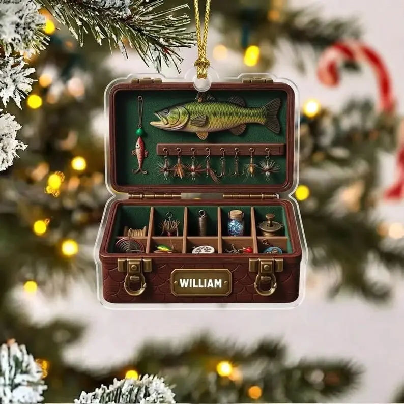 Custom Fishing Tackle Box Ornament, Personalized Fisherman Christmas Tree Decoration