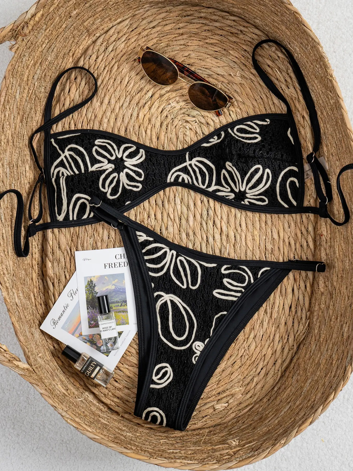 Two-Piece Women's Swimsuit Sets Ethnic Pattern Bikini Set, Swim Bottom Set, Sexy Boho Style, Handmade Floral Embroidery, Vintage Ethnic Design, Pool Party Swimwear