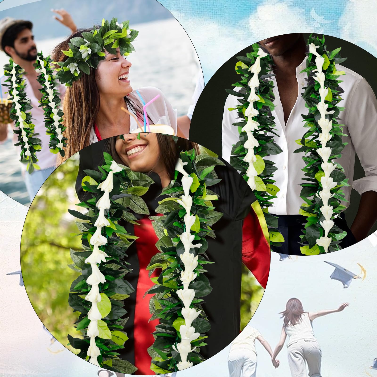 ONERIR 2 Pack Hawaiian Maile  White Tuberose Graduation Leis 6.56ft Artificial Leaf Flower Necklaces for Luau Wedding Aloha Summer Party School Ceremony  Class of 2026 Graduation Gift