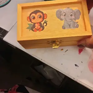 Gold Wooden Box with Cute Animal Designs - Monkey and Elephant Motifs for Kids' Storage and Decor