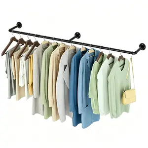Industrial Pipe Wall Mounted Clothes Rack, Heavy Duty Detachable Iron Hanging Rod, Space Saving Rustic Clothes Bar for Bedroom, Closet, Laundry Room, Black