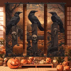 Halloween Hanging Banner, 3 Counts/set Vintage Scary Raven Poster, Halloween Animal Decorative Painting, Scary Posters, Halloween Decorations
