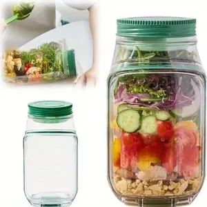 Reusable plastic salad container with side opening and flap, leak-proof salad jar for salads, dressings, soups, meal preparation, lunch, dinner, office use