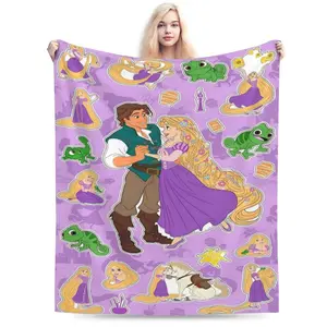 DISNEY CLASSIC Rapunzel and Flynn Rider Throw Blanket – Tangled Characters with Pascal and Maximus, Purple Background Collage Design, Soft Fleece Blanket for Kids, Bedroom or Gift