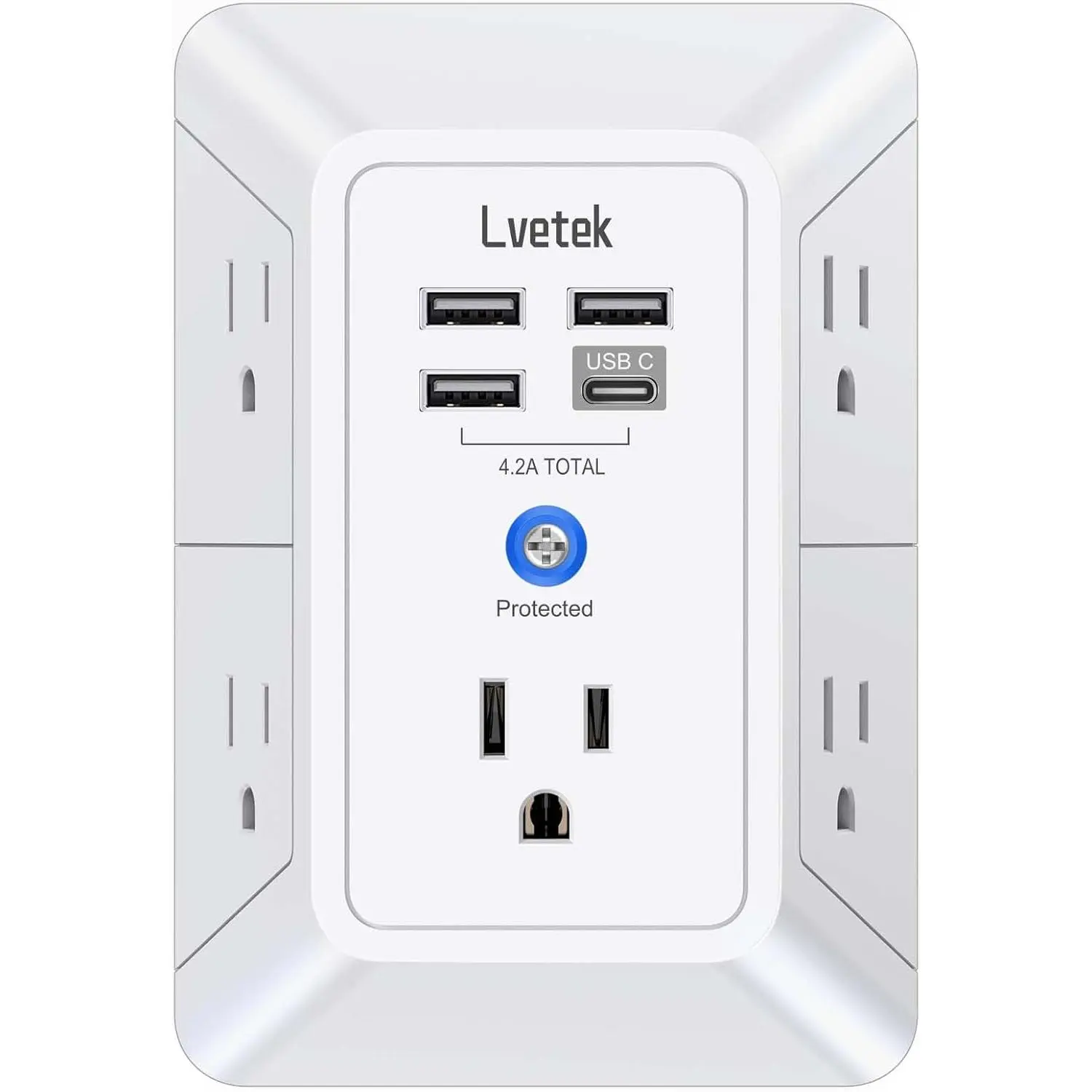 5 Outlet Extender Multi Plug Wall Outlets with 4 USB Charging Ports (1 USB C Outlet), 3 Sided 1680J Surge Protector Power Strip USB Wall Charger for Home, Office, Travel, ETL Listed, White