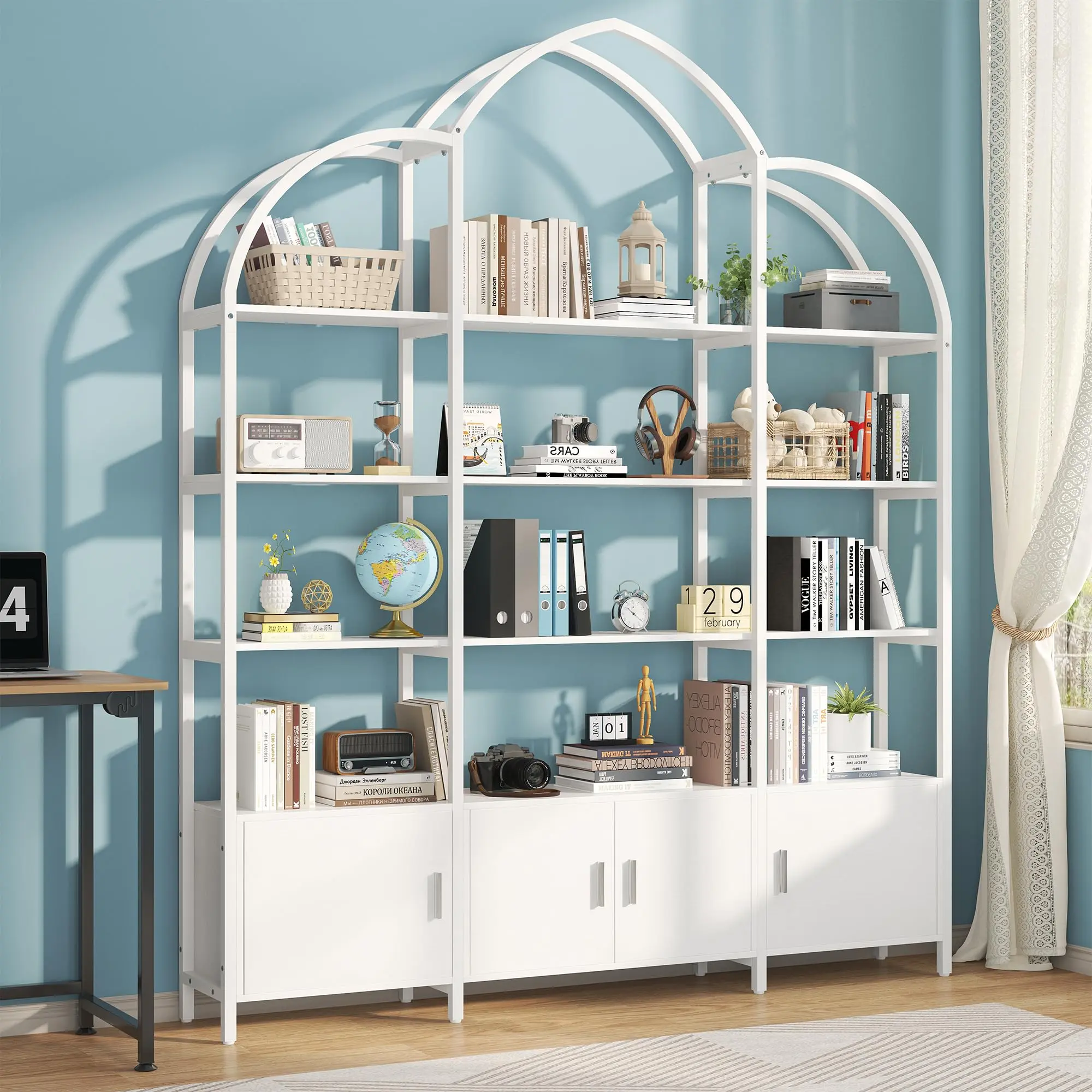 5-Tier Arched Industrial Modern Bookshelf - Sturdy Steel Frame Triple-Wide Standing Storage Display Rack with 3 Cabinets, High-Capacity, for Living Room Home Library, Collectibles, Bookish Things, Office Inspo, Study Setup (Requires Assembly)
