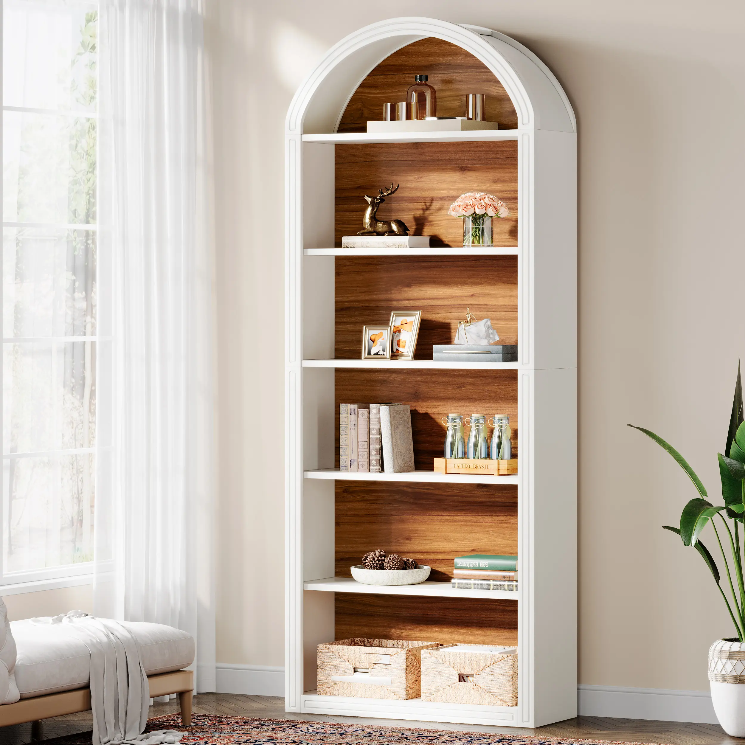 LITTLE TREE 6-Tier Bookcase, 77" Tall Bookshelf with Arched Top, Large Freestanding Wooden Open Bookcase Bookshelf, Modern Display Book Shelf for Living Room, Bedroom, Office, Library
