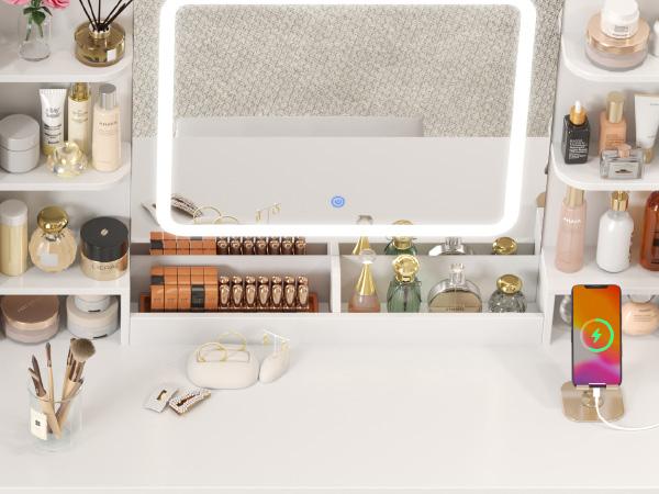 Lifewit Vanity with Mirror Adjustable Lighting, 2 Power Outlets/USB Ports, Makeup Desk with Storage Stool, 8 Open Shelves, 2 Drawers, Lipstick Holders