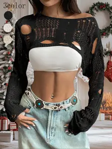 Womens Ripped Crochet Sweaters Hollow Out Boat Neck Pullover Tops Long Sleeve Fitted Crop Shabby Cutout Sheer Knit Fall Beach Cover Ups