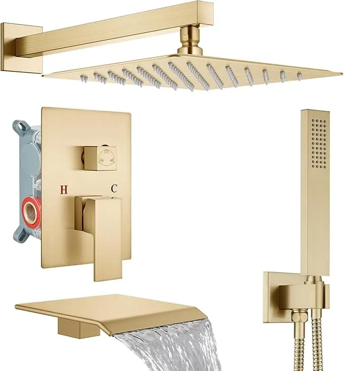 Brushed Gold Shower System with 12 Inch Rainfall Head and Waterfall Tub Spout, Bath Tub Shower Faucet Set Wall Mounted Rain Showerhead, ABS Handheld Sprayer, Rough-In Mixing Valve and Trim Kit, Luxury Bathroom 3 Functions Shower Faucet Set