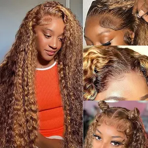 13x6 Highlight Lace Front Wigs Human Hair 30 Inch 4/27 Ombre Deep Wave Lace Front Wigs Human Hair Pre Plucked 180% Density Honey Blonde Curly Wigs summerwins