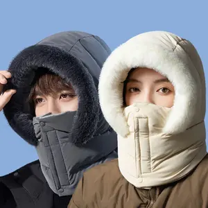 Winter Hat Outdoor Warmth Windproof Face Mask Neck Warmer Ski Beanie Solid Color Balaclava Fleece-Lined Thickened Cold Protection