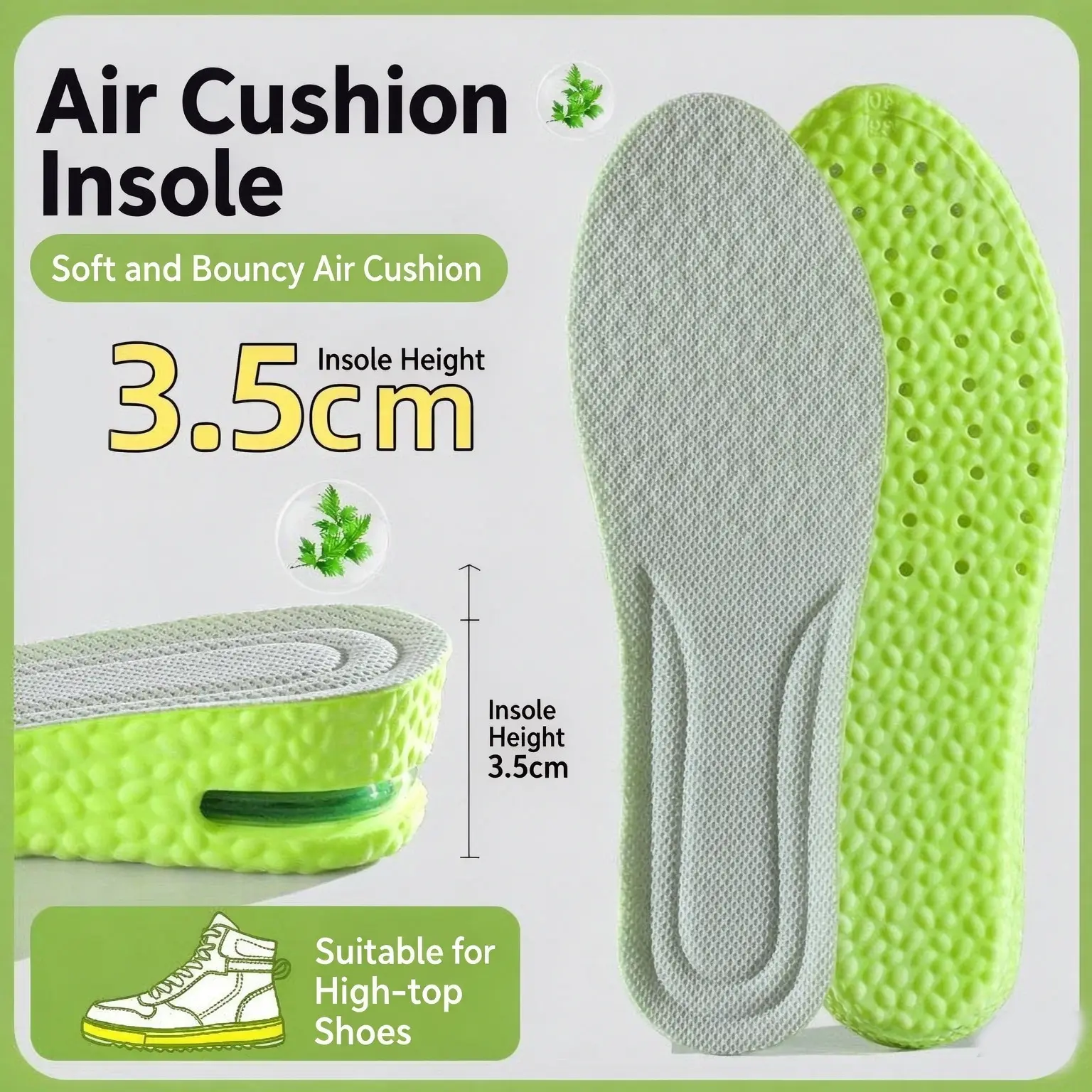Air cushion insoles for added height, soft sole, invisible internal lift, unisex, sports air cushioning with shock absorption, arch support, breathable, sweat-absorbing