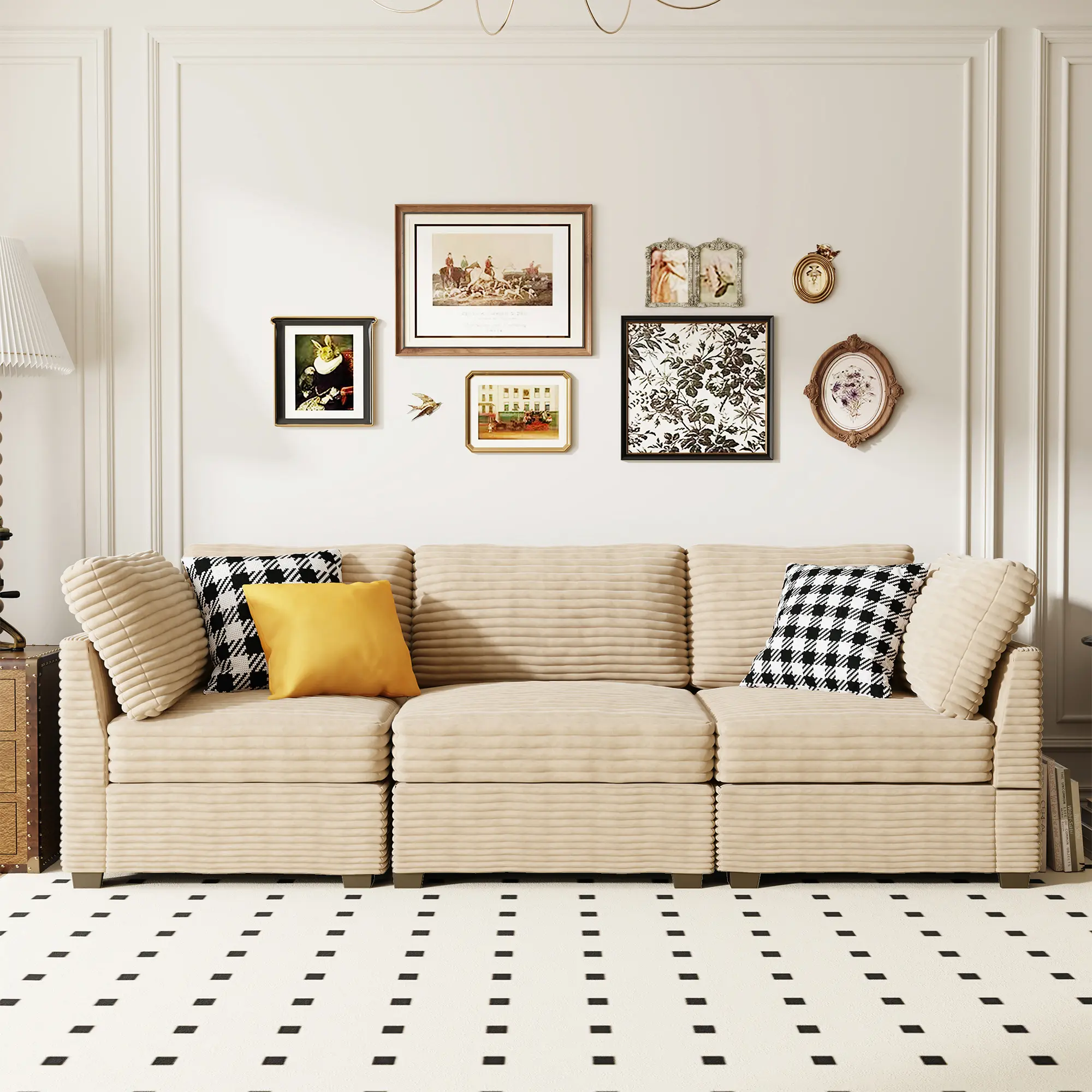 ALLWEX Modular Sectional Sofa, 3-Piece, Plush Fur - with Ottoman, Plush Fur Upholstery, Convertible 3-Seat Straight Couch, Deep Seat Modular Couch for Living Room