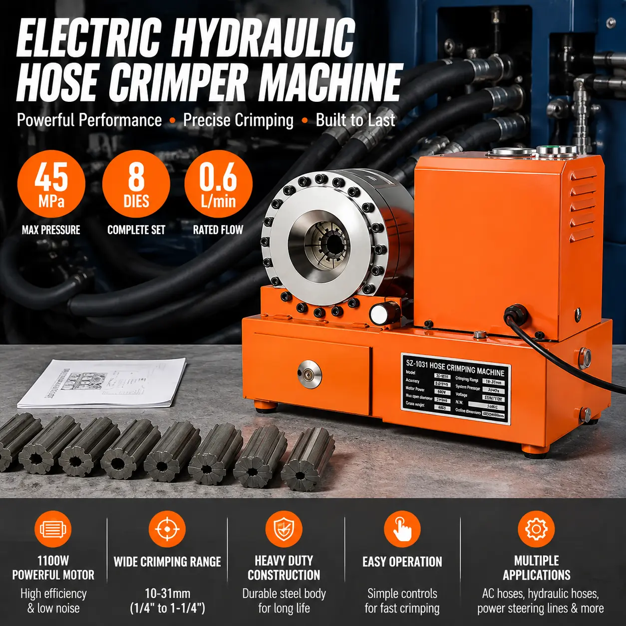 Hydraulic Hose Crimper Tool with 8 Dies, Electric Hydraulic Crimping Machine 110V for AC Hose Repair, Automotive Hydraulic Line & Fuel Line Crimp Tool