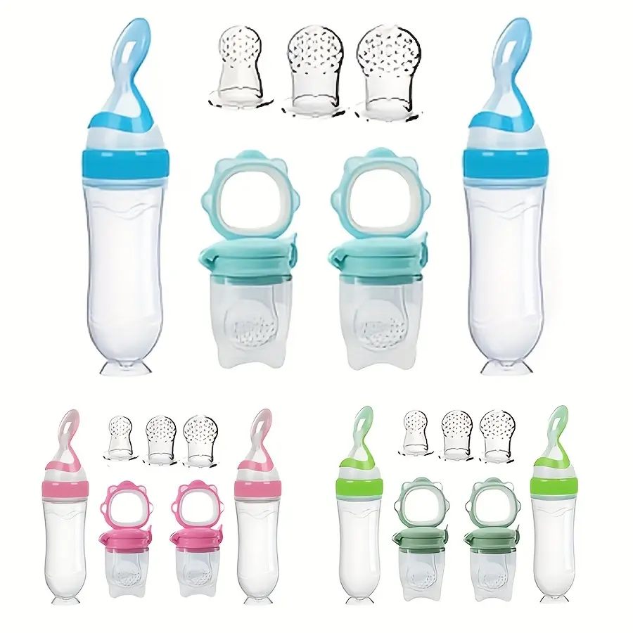 Baby Feeding Set: 2 Silicone Feeding Bottle with Spoons for Rice Cereal, 2 Fruit and Vegetable Feeders, 3 Sizes Nipples, All in a Baby Feeding Set
