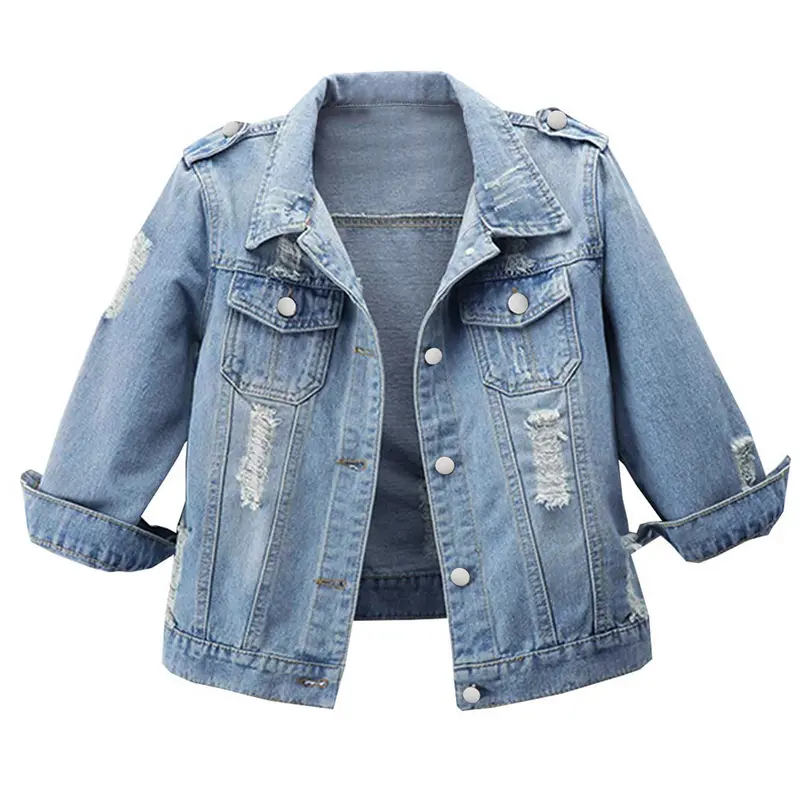 Aswulk Women's 3/4 Sleeve Casual Distress Slim Crop Denim Jean Trucker Jacket Fit Womenswear