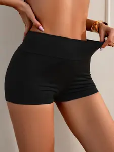 Women's Solid High Waist Swim Shorts, Casual Comfy Breathable Swim Trunks for Swimming Pool & Beach, Ladies Swimwear Bottoms for All Seasons, Summer Clothes 2025, Swimtrunks, Swimmingshorts, Swim Bottom Swimsuit