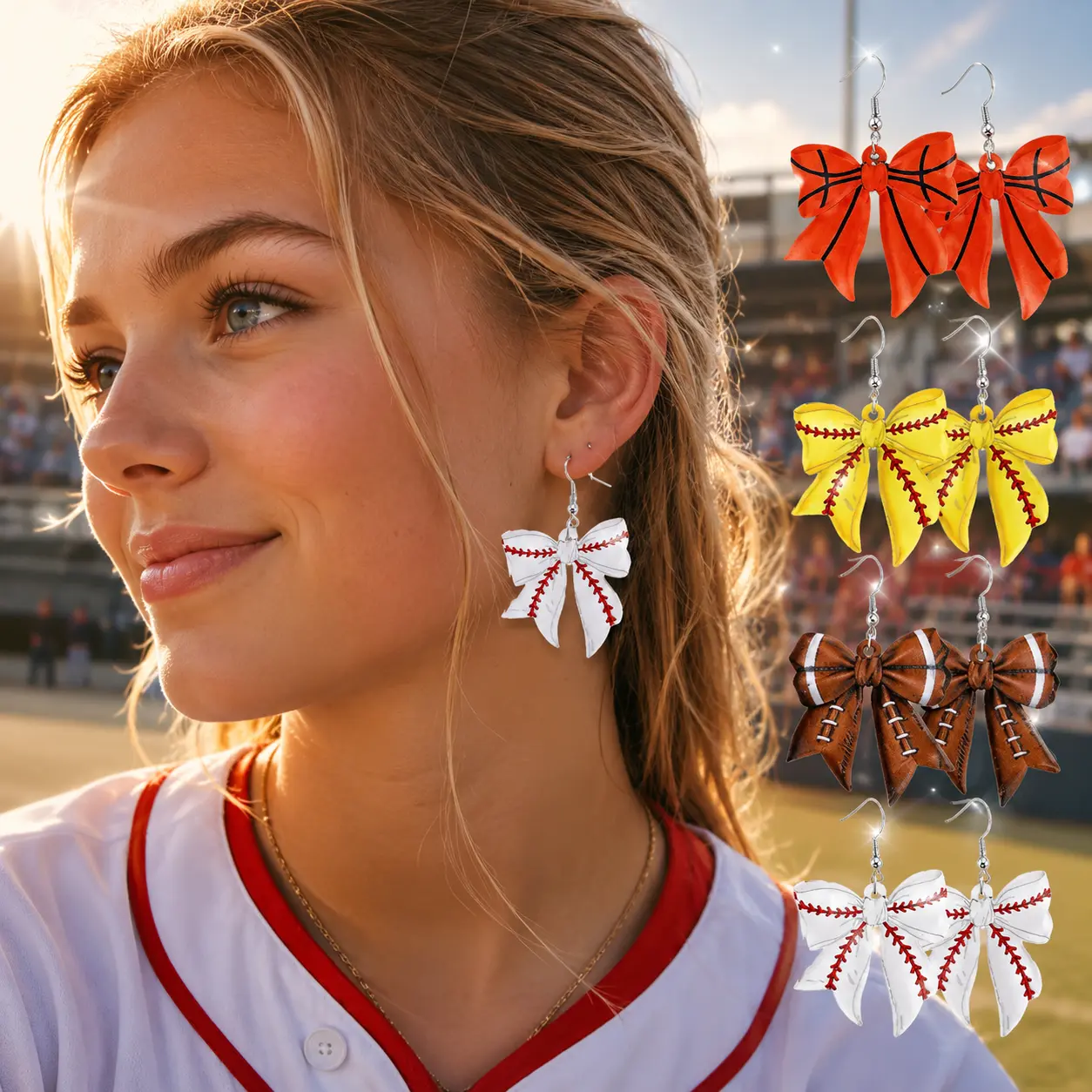 4Pairs Football Baseball Basketball Softball Earrings for Women - Acrylic Sports Jewelry with Bow Design, Sport Lover's Dangle Bow Earrings for Holiday Party