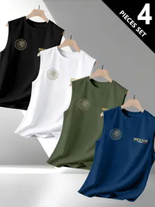 Men's Loose Fit Printed Round Neck Sleeveless Vest 4 Pack, Menswear, Breathable Sleeveless Tops, Creative Vintage Mexican Coat of Arms Print, Comfortable Casual Wear, Breathable Fabric, Spring Summer T-Shirt