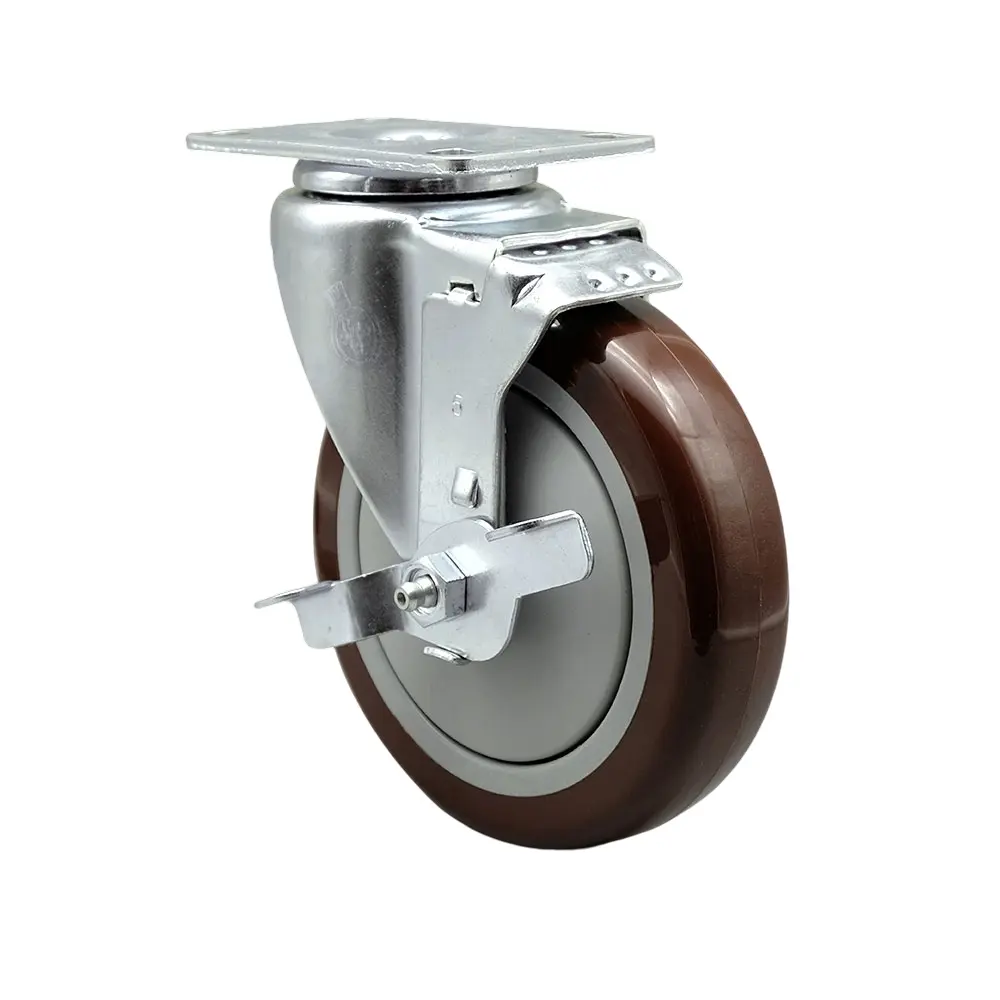Service Caster SCC-20S514-PPUB-MRN-TLB-TP3 Lockable Swivel Caster, Top Lock Brake, 5 in. Maroon Polyurethane Lockable Swivel Wheels, 4 x 4.5 in. Overall Top Plate, Lockable Wheels