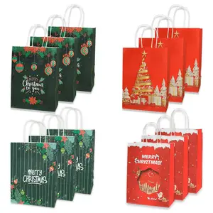 Christmas Gift Bags with Handles, 12 Pack Holiday Kraft Paper Gift Bags, 4 Assorted Designs, Reusable Bulk Value Pack for Presents, Candy, Toys, Books & Party Favors