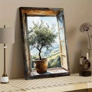 1-piece Art Deco Canvas Wall Art Set, Olive Tree Print by the Window, Pine Frame, Waterproof Ink Artwork, Suitable for Home Office, Living Room, Bedroom, Dining Room - Indoor and Outdoor Vertical