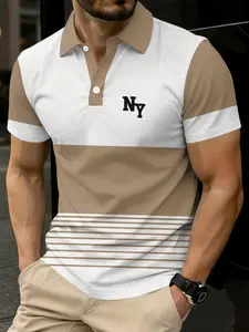 Men's Summer Fashion Business Style Polo Shirt, Color-blocked NY Letter Stripe Casual Print Polo Shirt, Suitable for Casual, Laid-back, Fitness, and Avant-garde Styles, Ideal for Business, Golf, and Spring/Summer Outdoor Sports Wear