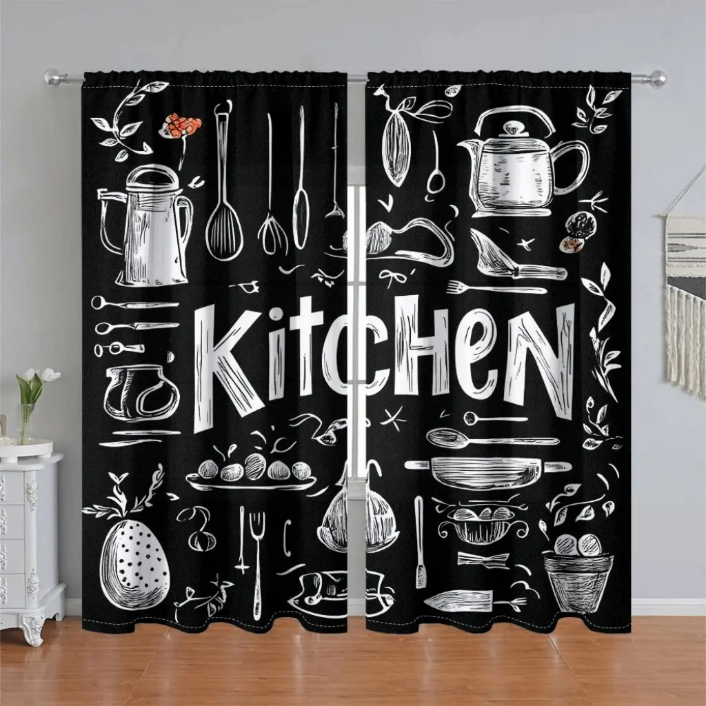 2Pcs Farmhouse Kitchen Utensil Printed Curtain Panel, Black White Sketch Style, Art Style Curtains, Home Decorative Curtain, Pole Pocket, Semi Sunshade, for Home Decor, Living Room, Bedroom, Kitchen Door Curtains.