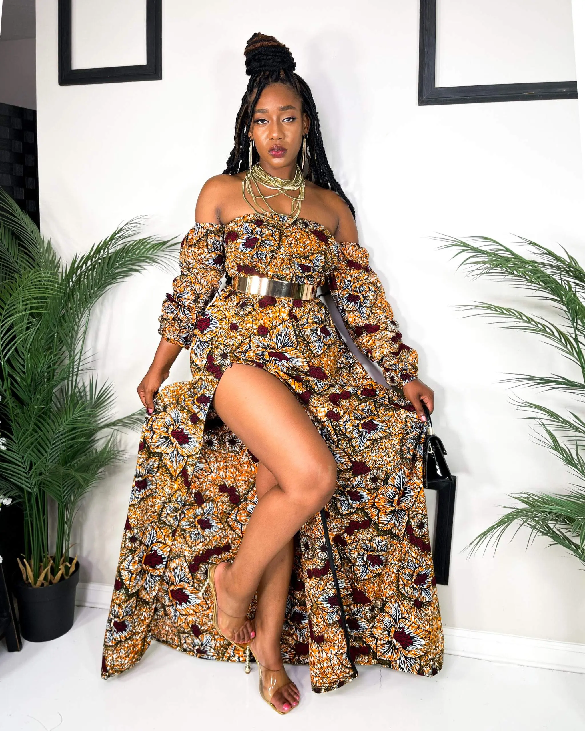 "Adebola" Rema Kente Dress in Copper and Burgundy African Ankara Print
