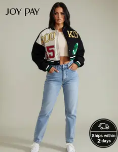 JOYPAY Women's Trending Colorblock Cropped Varsity Bomber Jacket - Long Sleeve Lightweight Polyester Tops, Ribbed Collar & Cuffs, Soft Street Style Casual Outfit Coats