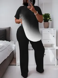 Viral 2025 Plus Size Outfits Women's 2-Piece Set - Ombre Fade T-Shirt & Wide Leg Pants | Soft Breathable Summer Outfit, Loose Fit Streetwear | TikTok Trendy Casual Look Clothes Round Neck