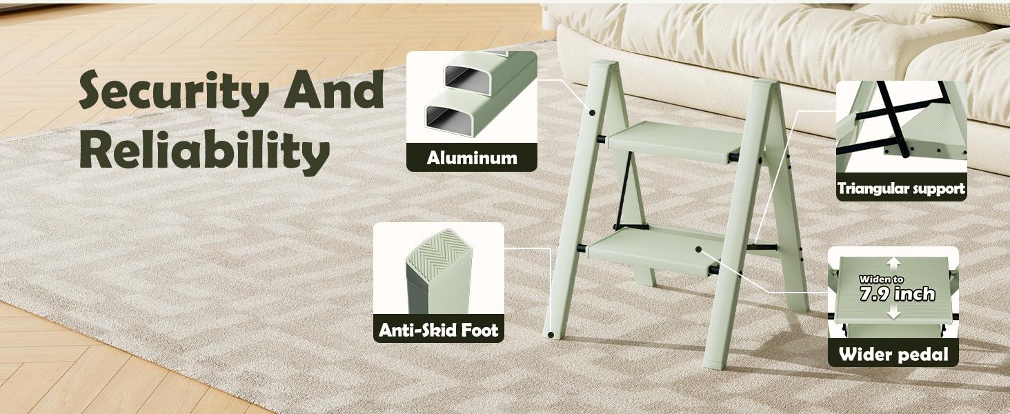 Taranta 2 Step Ladder,Aluminum Lightweight Folding 2 Step Stool with Anti-Slip Wide Pedal,330lbs Capacity Step Ladder for Household,Kitchen,Office - Fairyland Green