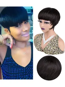 Pixie Cut Wig 100% Human Hair for Women, Bangs Bob Straight, Full Machine Made, Short Layered, Daily Use, Fashionable False Hair