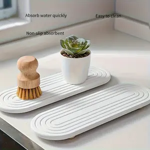 Water-absorbing stone tray for kitchen/bathroom countertops, quick-drying sink rack (with wooden feet and natural silk gourd fiber, gray)