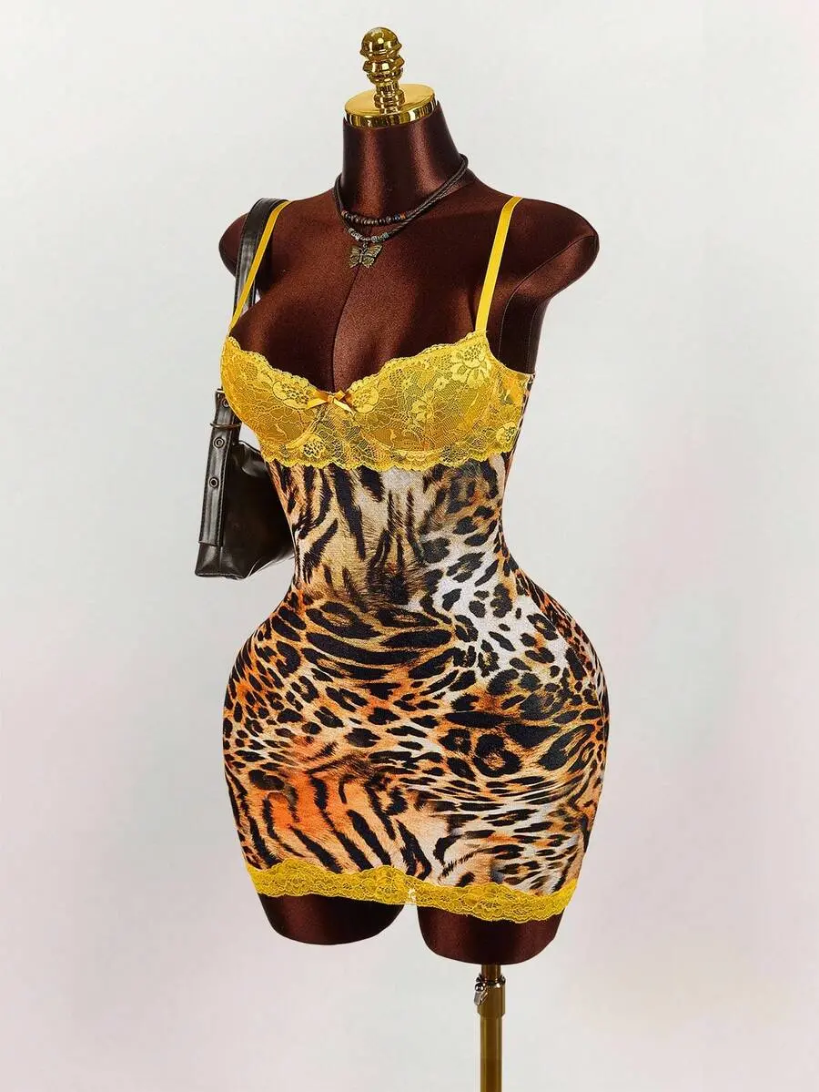 Women's Y2K Leopard Print Mesh Bodycon Mini Dress | Lace Cup Detail Sexy Party Clubwear Tropical Floral Cheetah Outfit