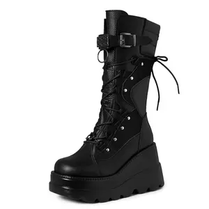 CELNEPHO Womens Platform Boots Chunky Wedge Heel Rave Combat Boots Lace Up Side Zipper Round Toe Goth Mid Calf Trendy Shoes