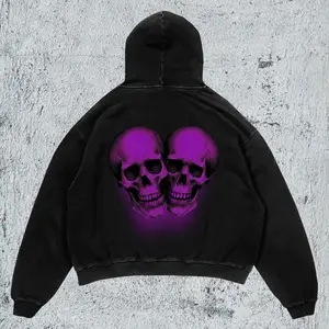 Gothic Romantic Skull Hoodie Oversized Fleece Pullover Back Print Y2K Aesthetic Sweatshirt Purple Glow Unisex Vintage Washed Hoodie with Drawstring & Long Sleeve for Outings