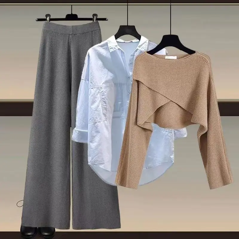 Coffee sweater + blue shirt + gray wide