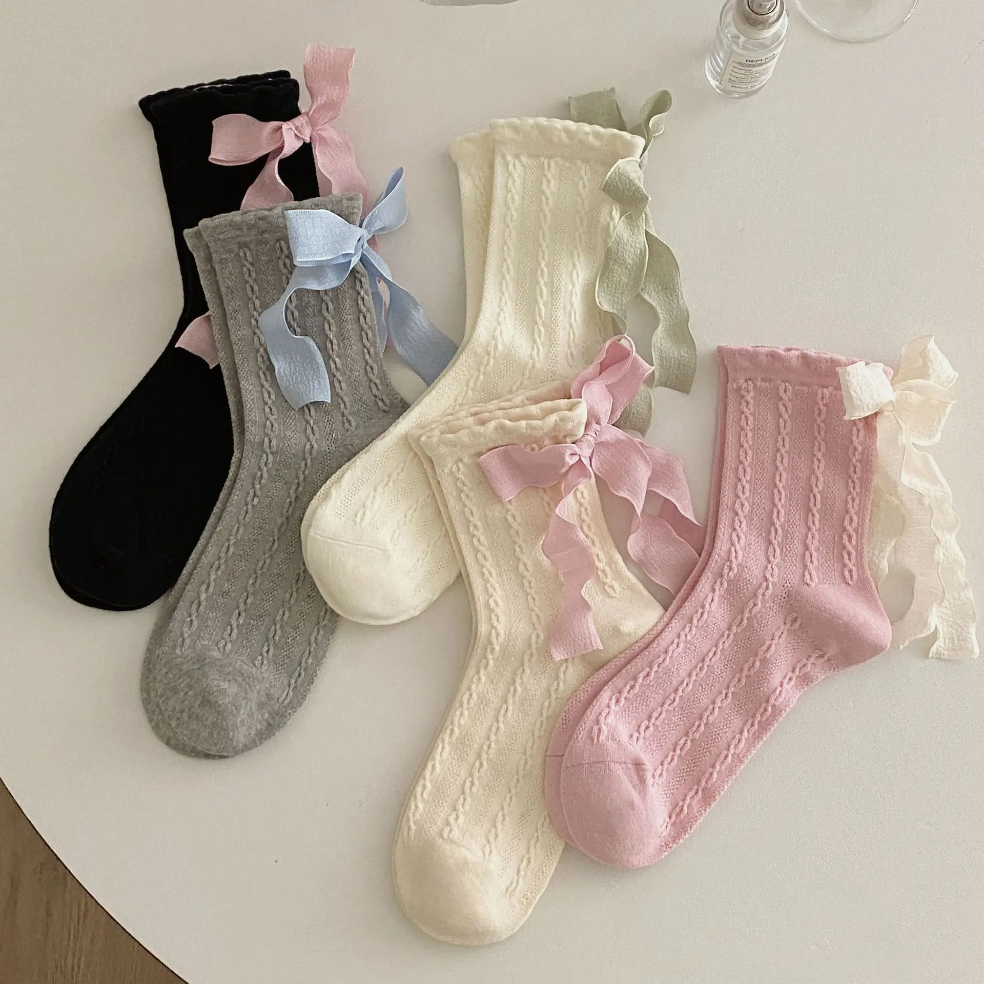 6 Pairs Balletcore Bow-Accented Knit Socks Mid-Calf Socks for Girls with Ribbon Bow, Breathable Ballet Style Sport Socks for Women