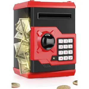 Piggy Bank for Girls Boys Large Electronic Money Coin Banks with Password Protection, Automatic Paper Money Scroll Saving Box, Great Gift for Kids (Black-Red)