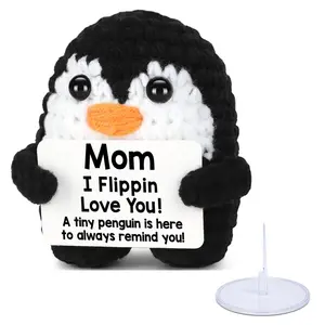 Handmade Crochet Penguin Doll with Positive Energy Card, Emotional Support Gift for Mother's Day & Father's Day, Affordable Present